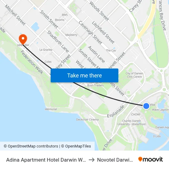 Adina Apartment Hotel Darwin Waterfront to Novotel Darwin CBD map