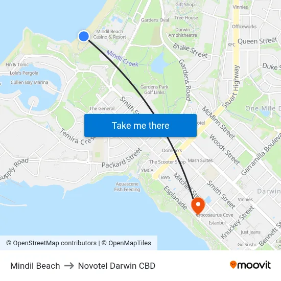 Mindil Beach to Novotel Darwin CBD map