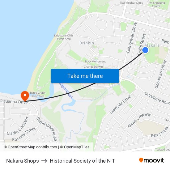 Nakara Shops to Historical Society of the N T map