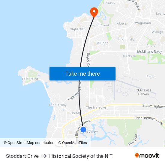 Stoddart Drive to Historical Society of the N T map