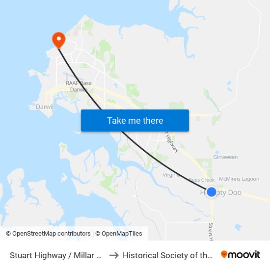 Stuart Highway / Millar Road to Historical Society of the N T map