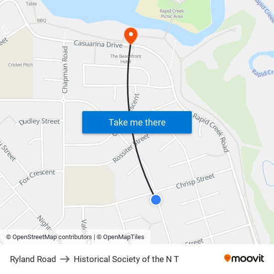 Ryland Road to Historical Society of the N T map