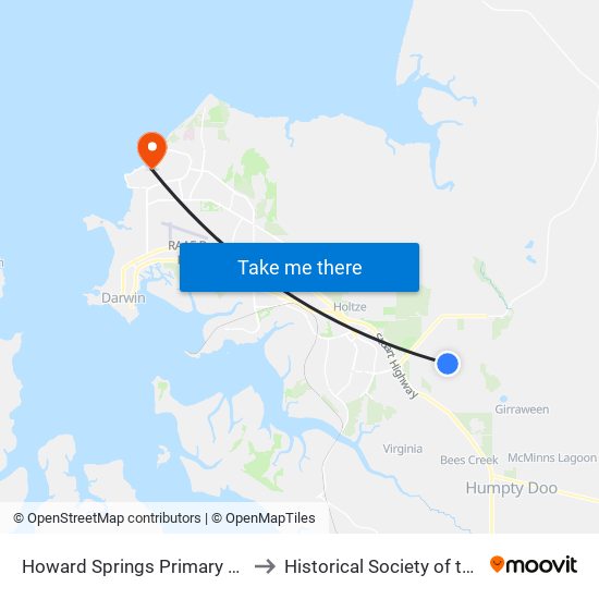 Howard Springs Primary School to Historical Society of the N T map