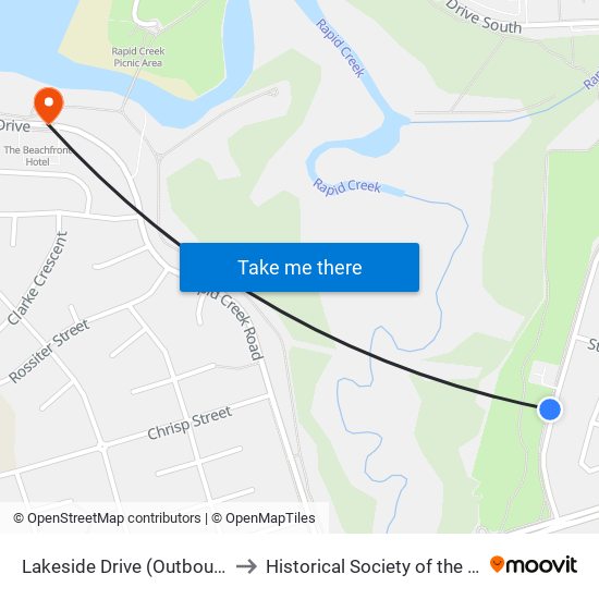 Lakeside Drive (Outbound) to Historical Society of the N T map