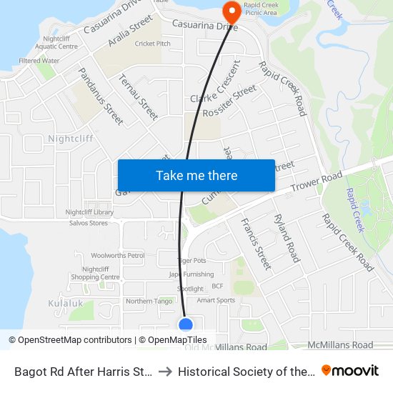 Bagot Rd After Harris Street to Historical Society of the N T map