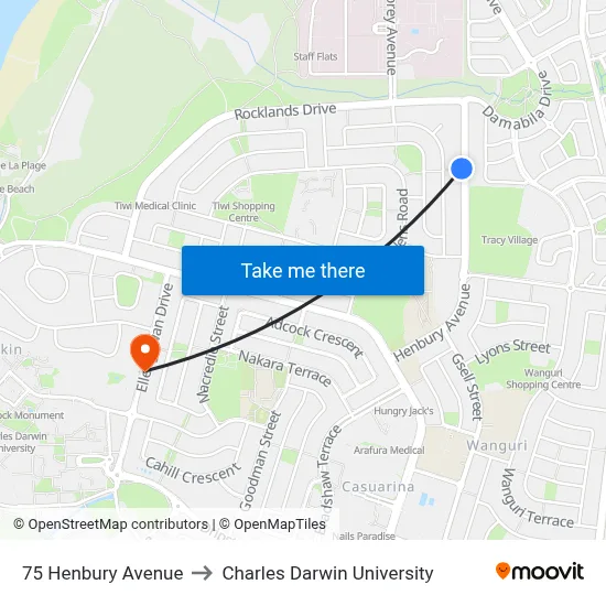 75 Henbury Avenue to Charles Darwin University map