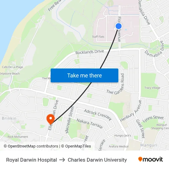 Royal Darwin Hospital to Charles Darwin University map