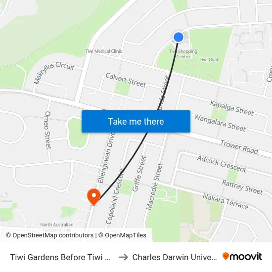Tiwi Gardens Before Tiwi Place to Charles Darwin University map