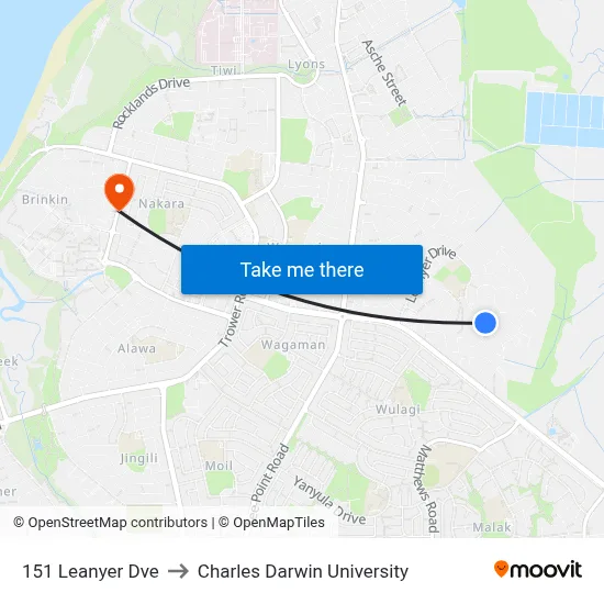 151 Leanyer Dve to Charles Darwin University map