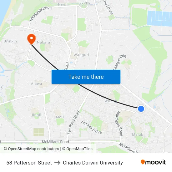 58 Patterson Street to Charles Darwin University map