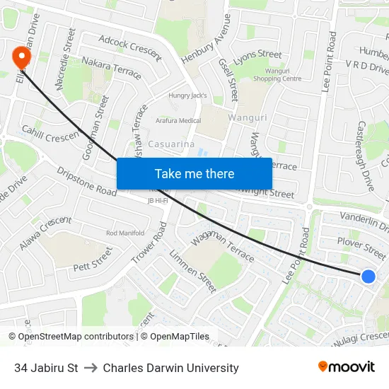 34 Jabiru St to Charles Darwin University map