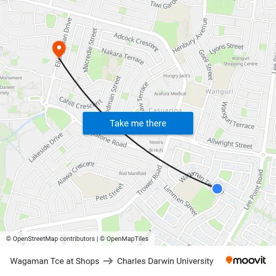 Wagaman Tce at Shops to Charles Darwin University map