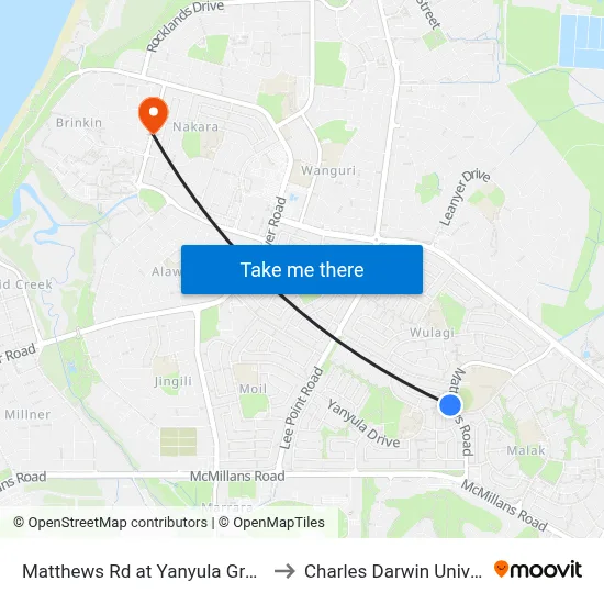Matthews Rd at Yanyula Greenbelt to Charles Darwin University map