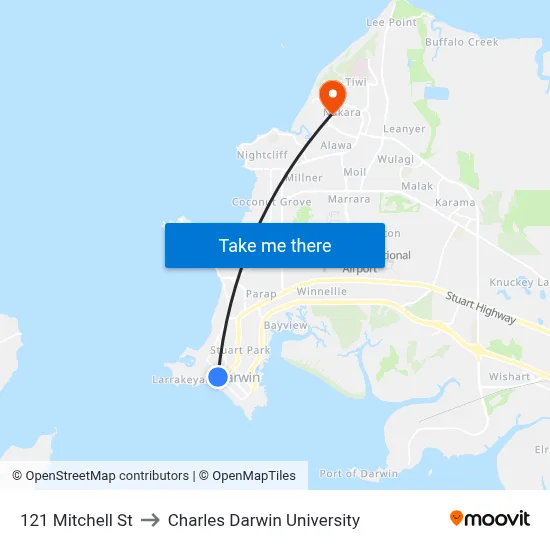 121 Mitchell St to Charles Darwin University map