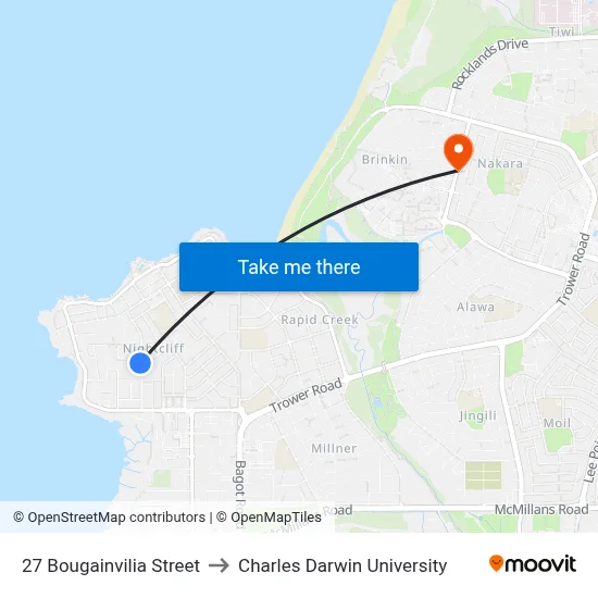 27 Bougainvilia Street to Charles Darwin University map