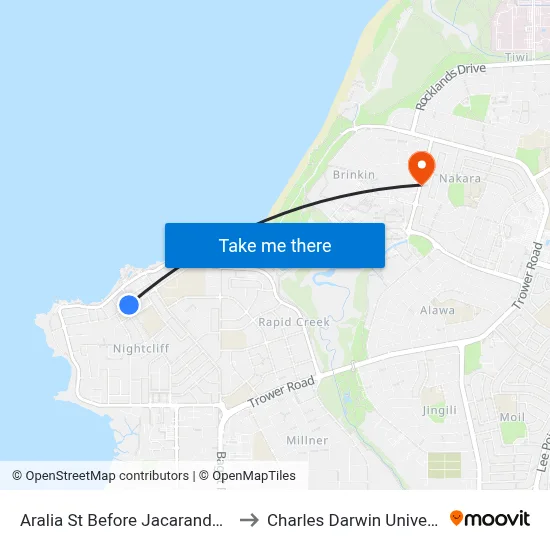 Aralia St Before Jacaranda Ave to Charles Darwin University map