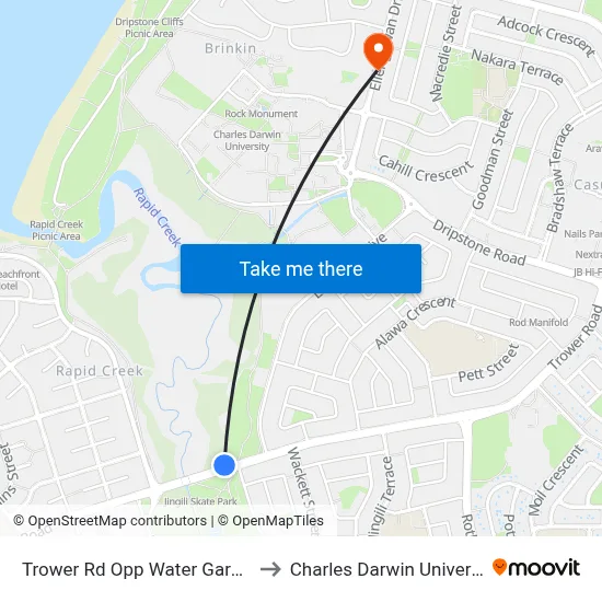 Trower Rd Opp Water Gardens to Charles Darwin University map