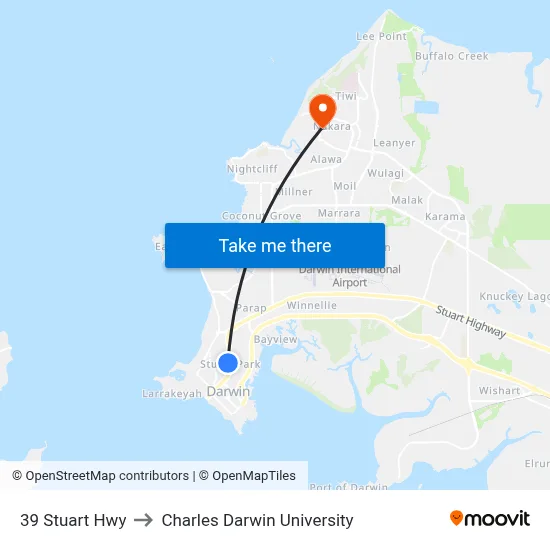 39 Stuart Hwy to Charles Darwin University map