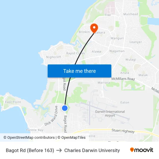 Bagot Rd (Before 163) to Charles Darwin University map
