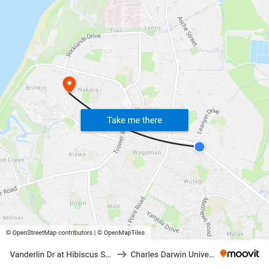 Vanderlin Dr at Hibiscus Shops to Charles Darwin University map