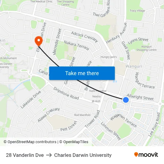 28 Vanderlin Dve to Charles Darwin University map