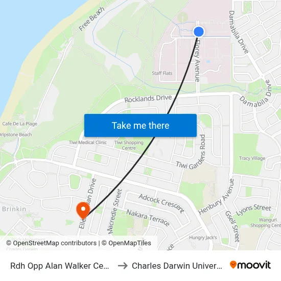 Rdh Opp Alan Walker Centre to Charles Darwin University map
