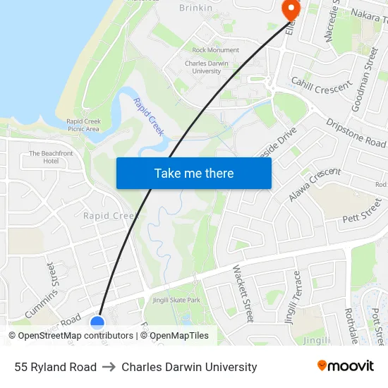 55 Ryland Road to Charles Darwin University map
