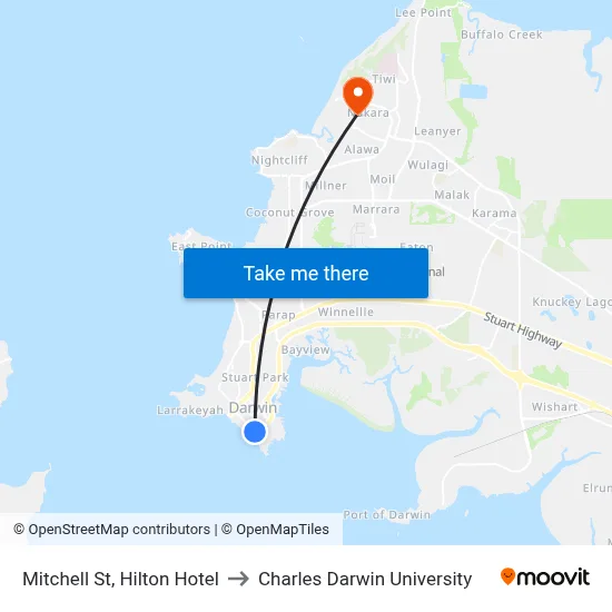 Mitchell St, Hilton Hotel to Charles Darwin University map
