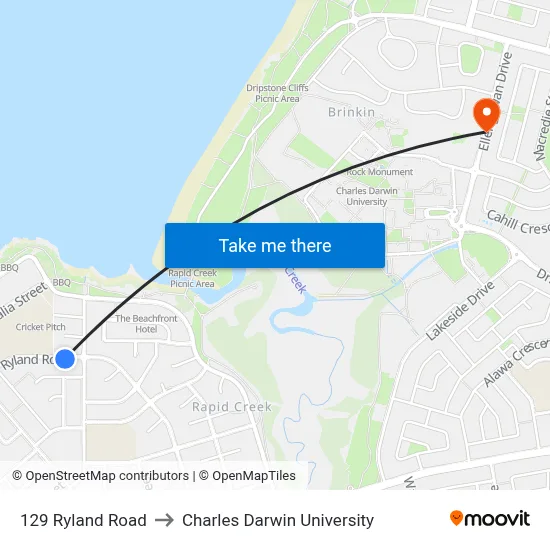 129 Ryland Road to Charles Darwin University map