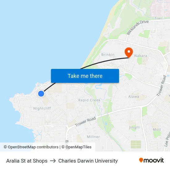 Aralia St at Shops to Charles Darwin University map