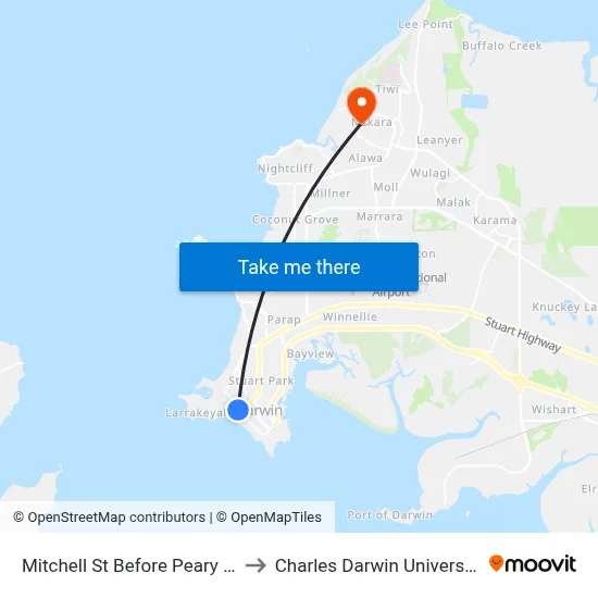 Mitchell St Before Peary St to Charles Darwin University map