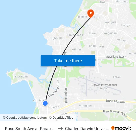 Ross Smith Ave at Parap Pool to Charles Darwin University map