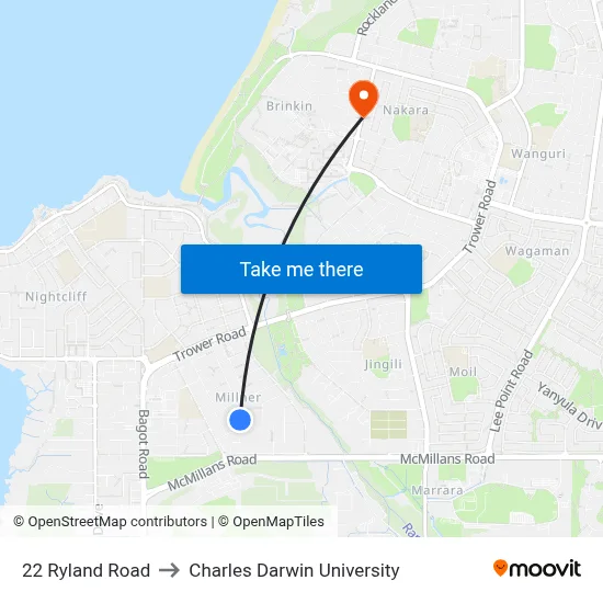 22 Ryland Road to Charles Darwin University map
