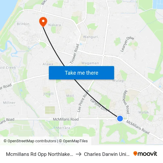 Mcmillans Rd Opp Northlakes Shops to Charles Darwin University map