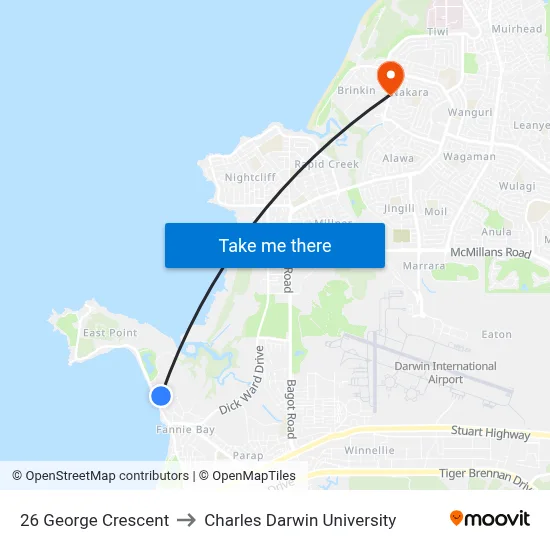 26 George Crescent to Charles Darwin University map