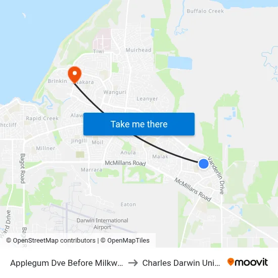 Applegum Dve Before Milkwood Cct to Charles Darwin University map