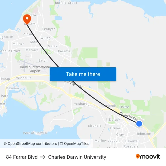 84 Farrar Blvd to Charles Darwin University map