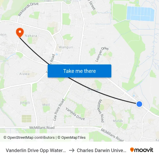 Vanderlin Drive Opp Waterpark to Charles Darwin University map