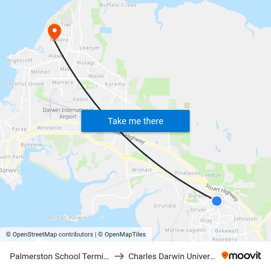 Palmerston School Terminus to Charles Darwin University map