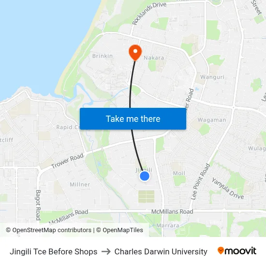 Jingili Tce Before Shops to Charles Darwin University map