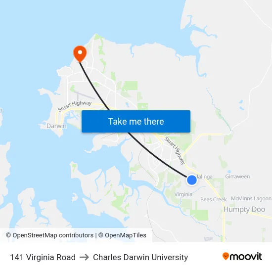 141 Virginia Road to Charles Darwin University map
