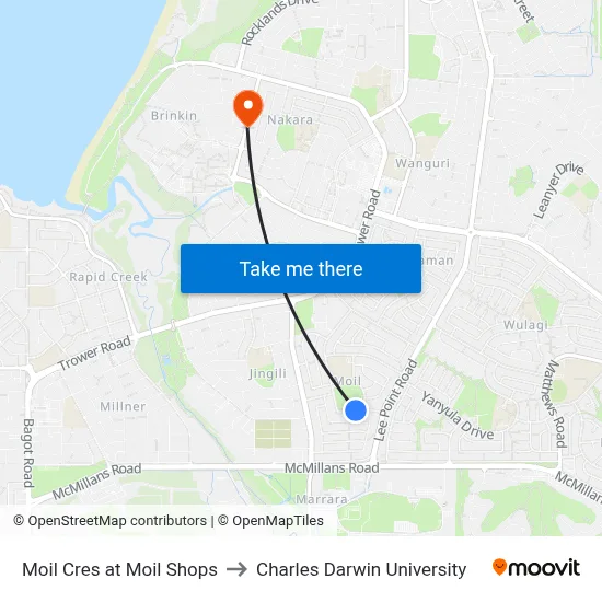 Moil Cres at Moil Shops to Charles Darwin University map