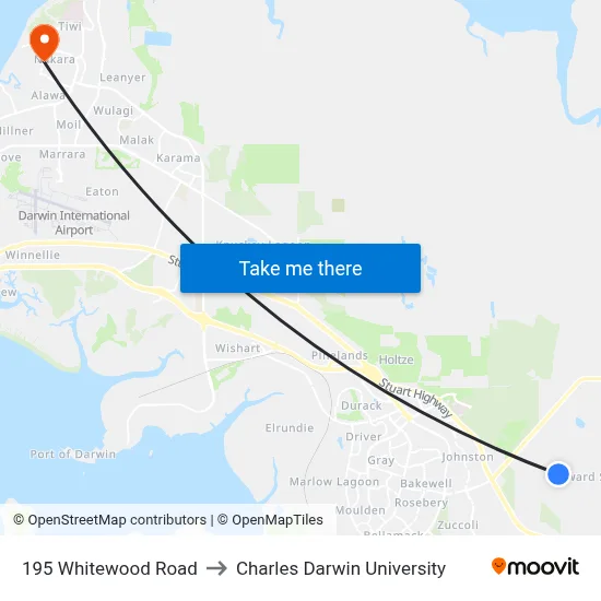 195 Whitewood Road to Charles Darwin University map