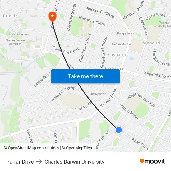 Parrar Drive to Charles Darwin University map