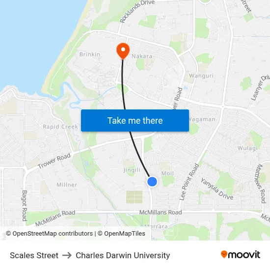 Scales Street to Charles Darwin University map