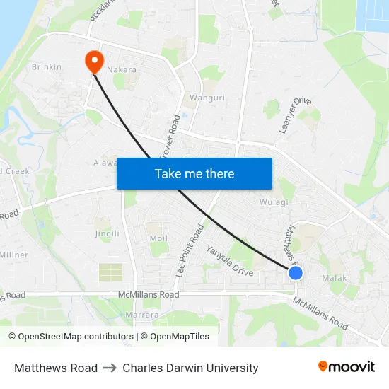 Matthews Road to Charles Darwin University map