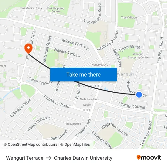 Wanguri Terrace to Charles Darwin University map