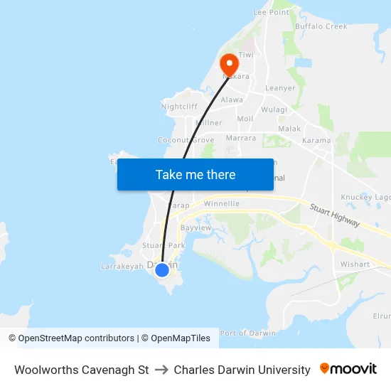 Woolworths Cavenagh St to Charles Darwin University map