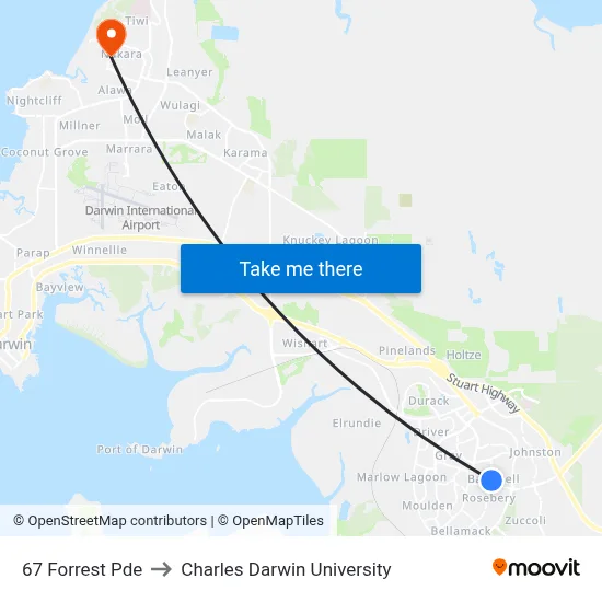 67 Forrest Pde to Charles Darwin University map