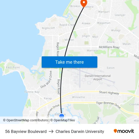 56 Bayview Boulevard to Charles Darwin University map